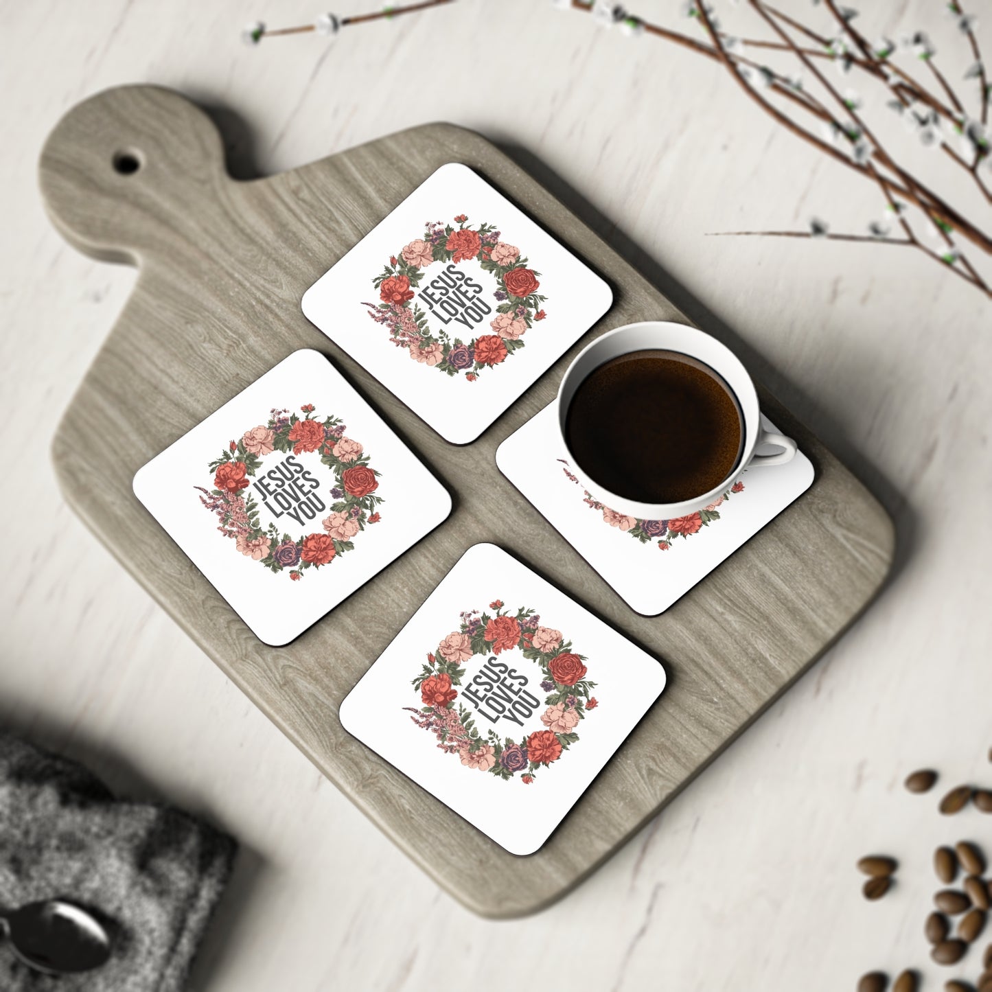 Jesus Loves You (Floral Wreath) Coaster