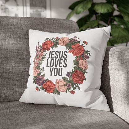 Jesus Loves You (Floral Wreath) Square Pillowcase