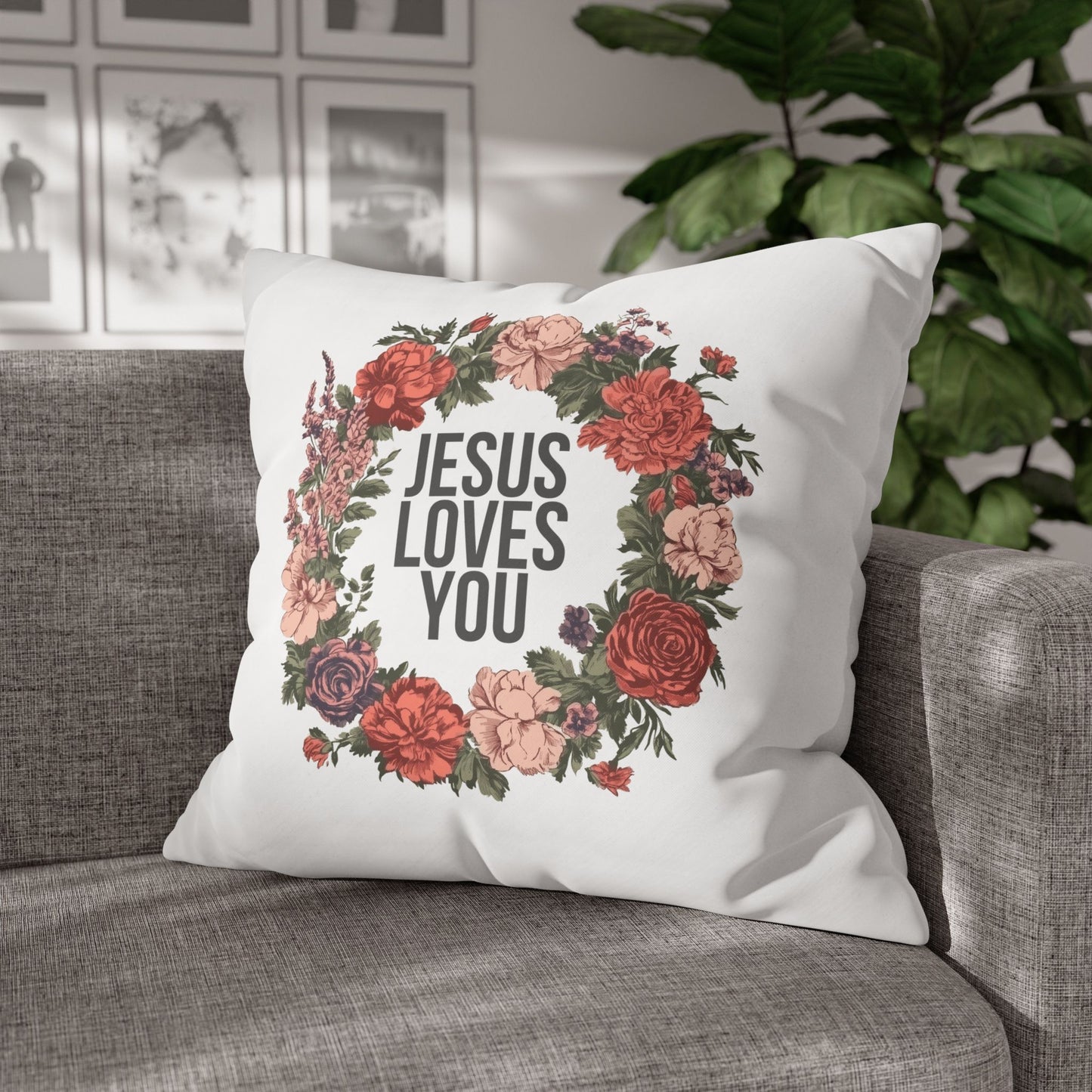 Jesus Loves You (Floral Wreath) Square Pillowcase