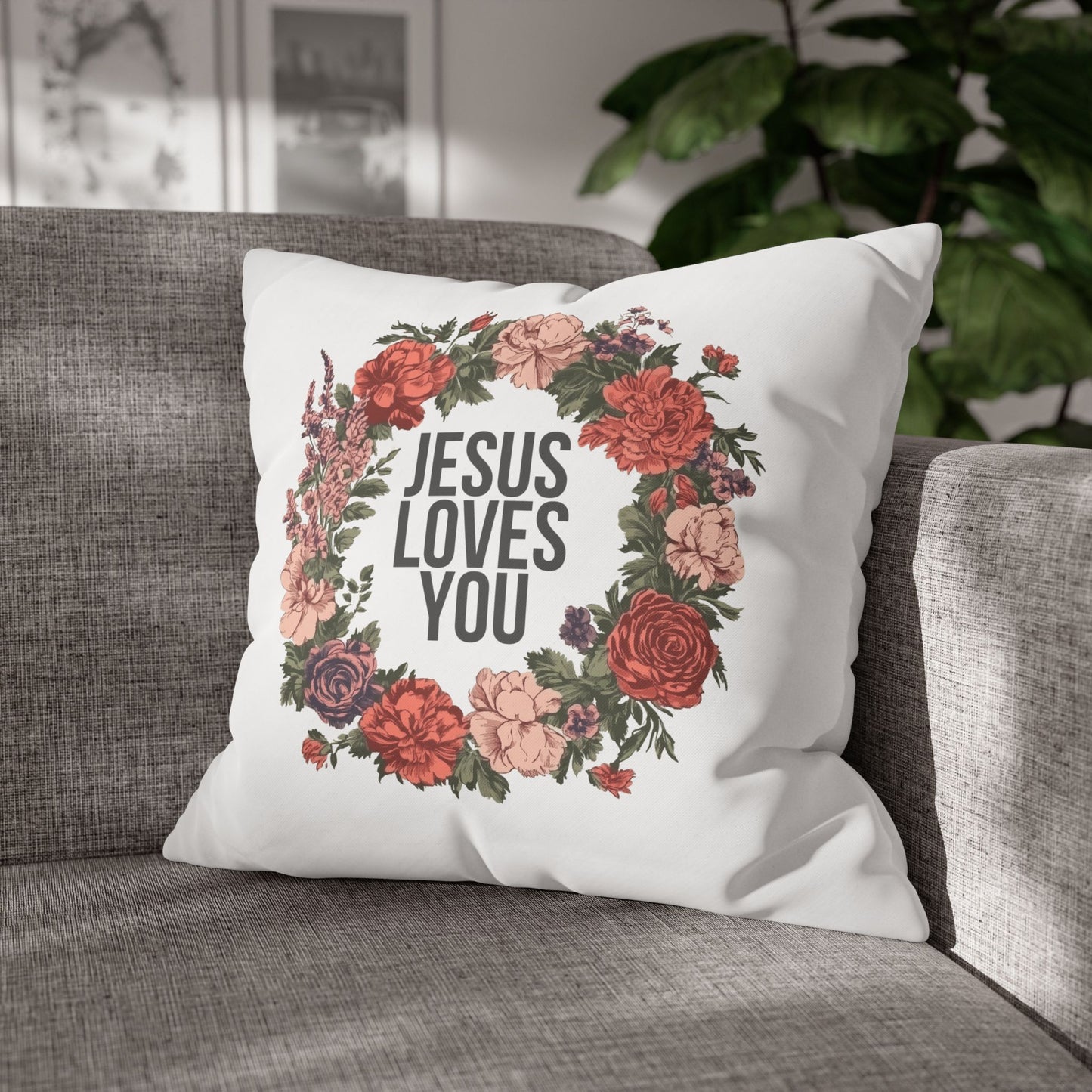 Jesus Loves You (Floral Wreath) Square Pillowcase