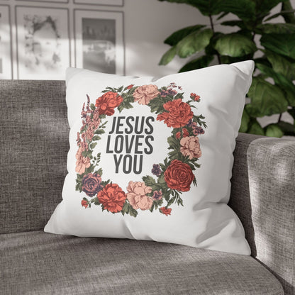 Jesus Loves You (Floral Wreath) Square Pillowcase