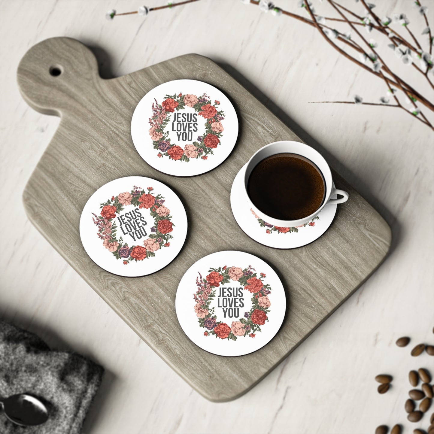 Jesus Loves You (Floral Wreath) Coaster
